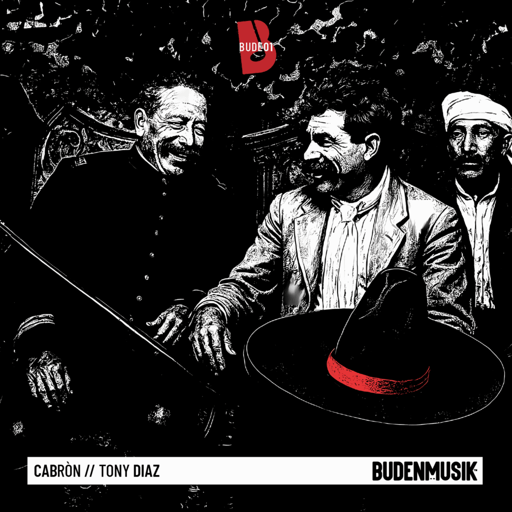 Three men smiling, one with a sombrero, in a lively setting.