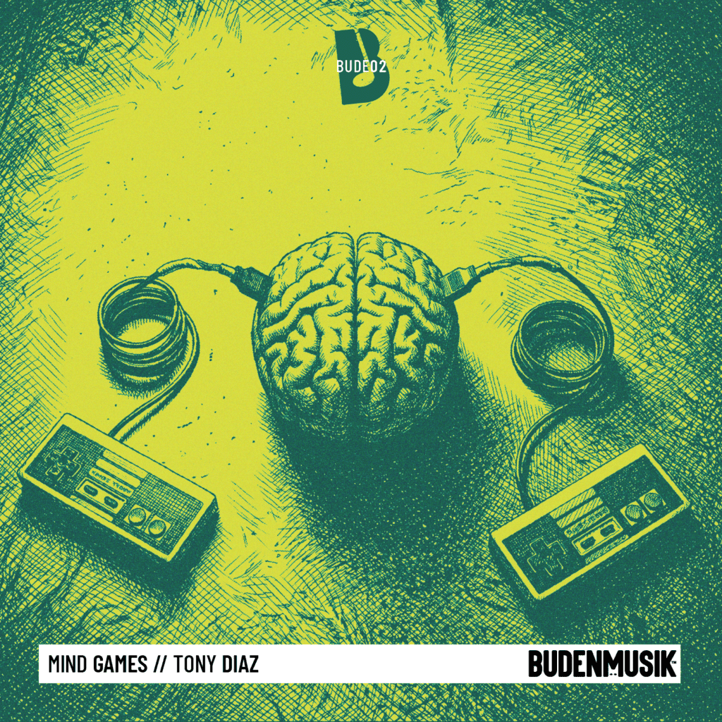 Brain with headphones and music equipment for Mind Games by Tony Diaz.