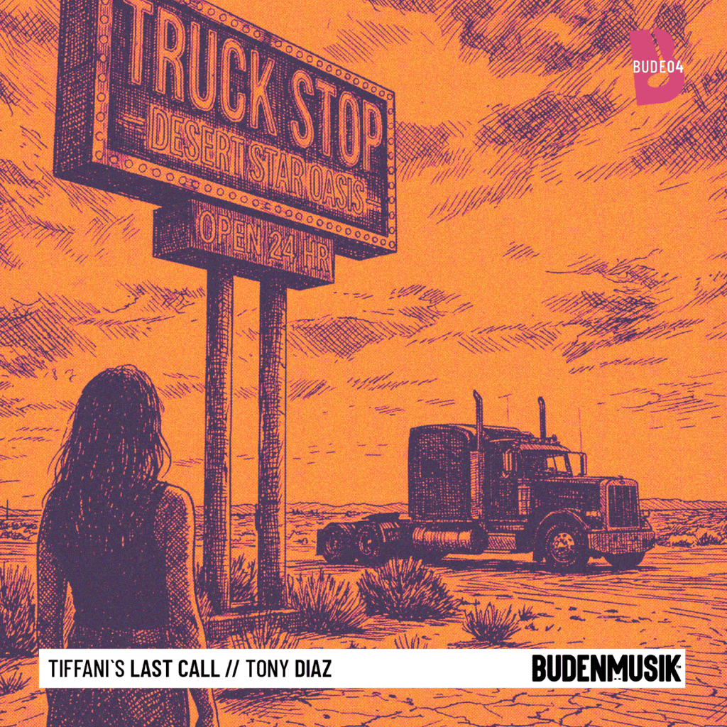 Truck stop at desert oasis with large truck and woman silhouette.