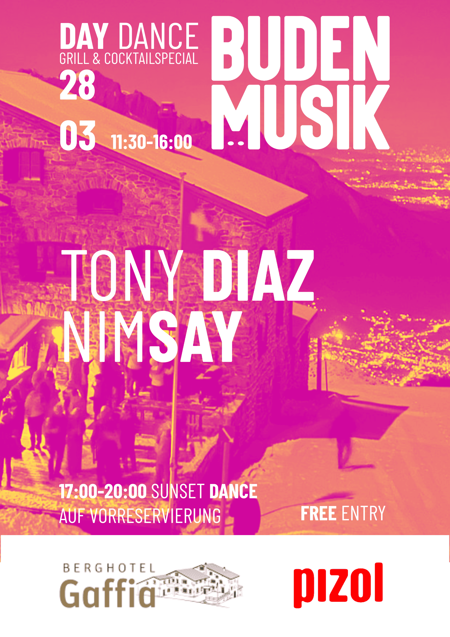 Outdoor dance event at Pizol Berghotel Gaffia with Tony Diaz Nimsay.