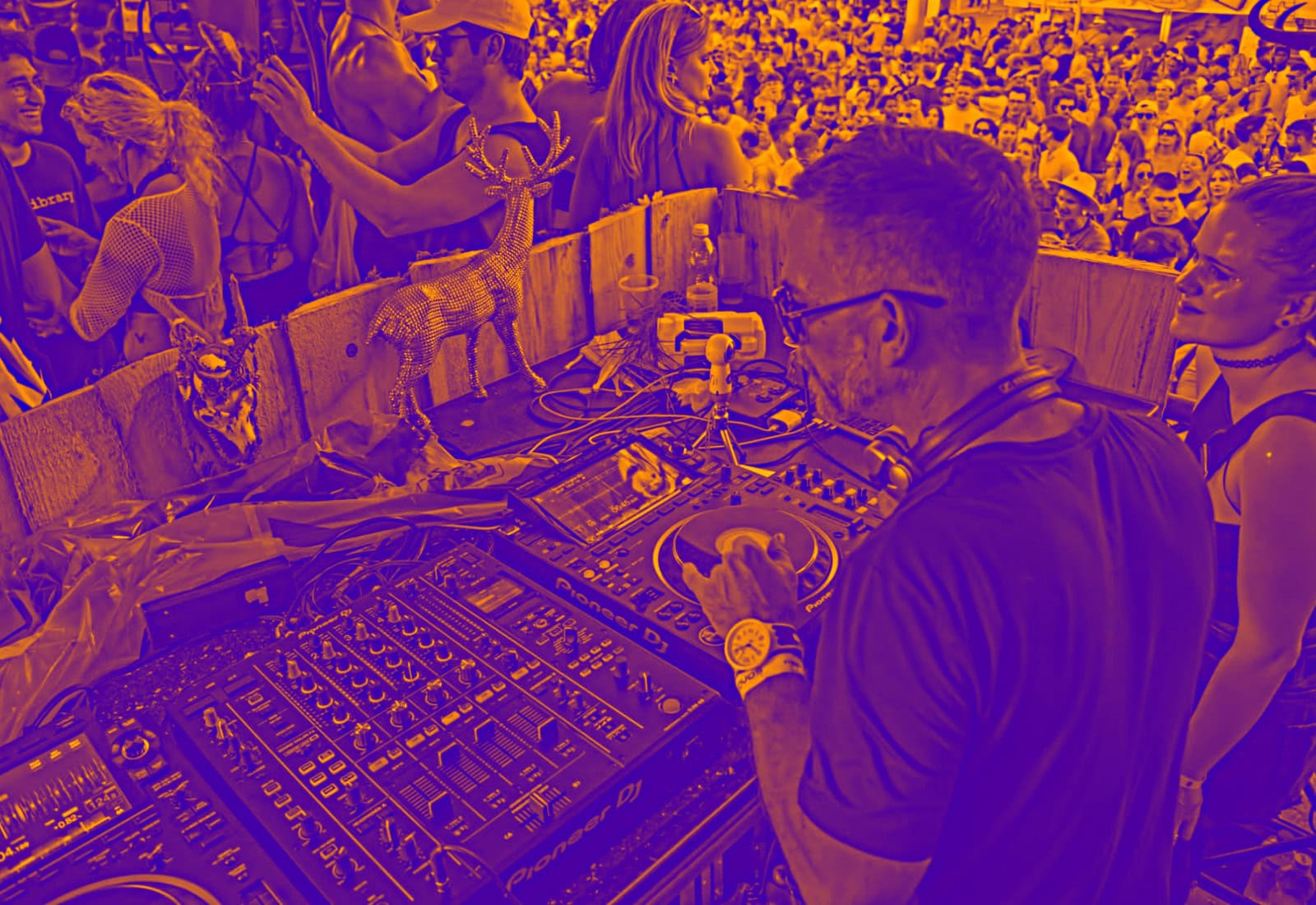 DJ performing live at outdoor music festival with crowd in background.